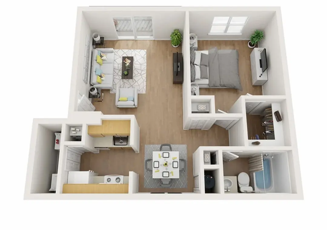 3D floor plan  a 1 bed, 1 bath apartment