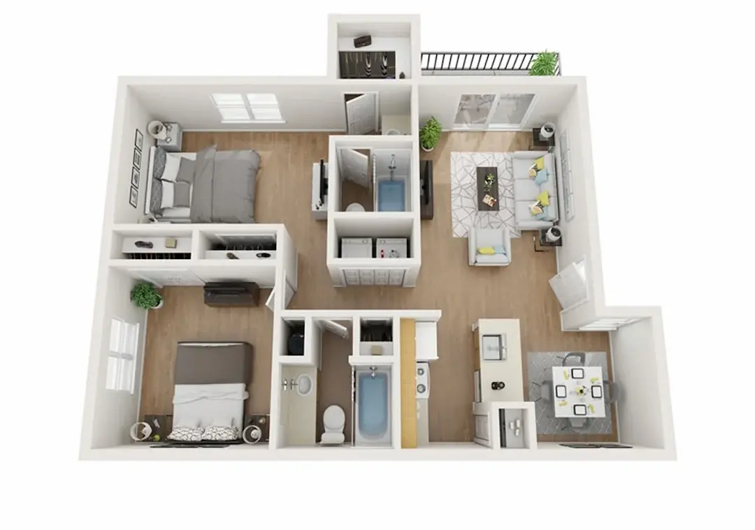 3D floor plan  a 2 bed, 2 bath apartment