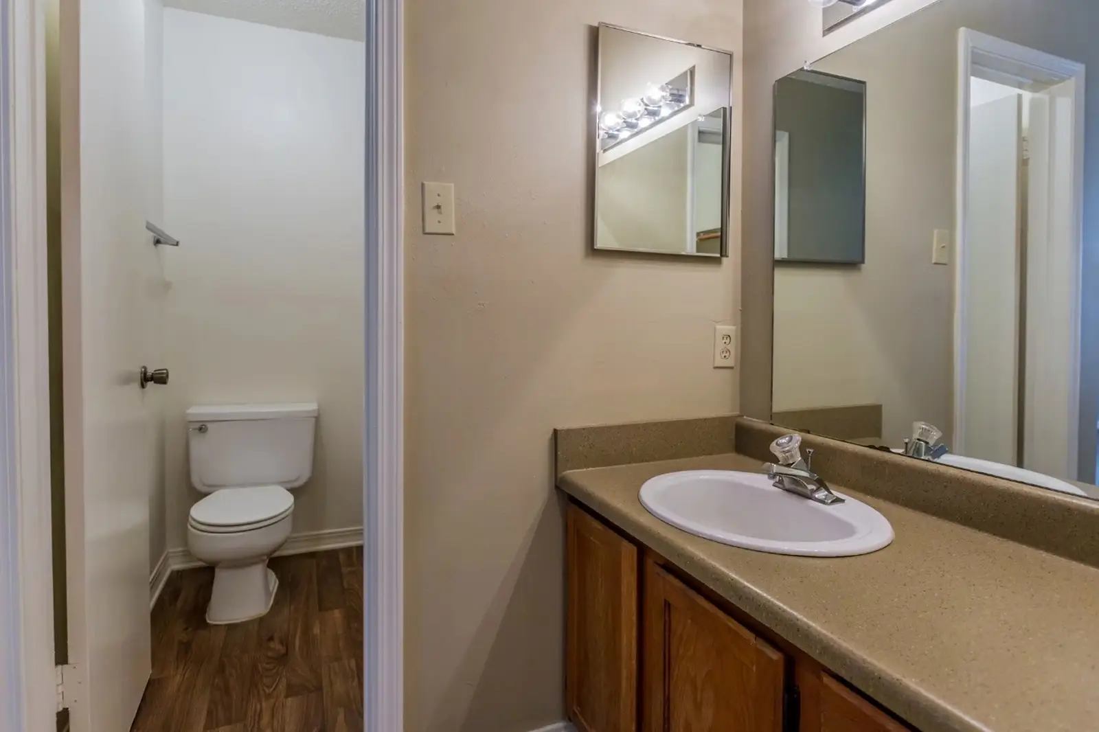 Bathroom with single sink vanity and separate toilet area.
